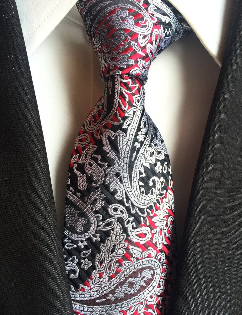 Elfeves Men's Women Boys Grey Black Red Designer Jacquard Silk Tie Paisley Formal Self Necktie - Image 2